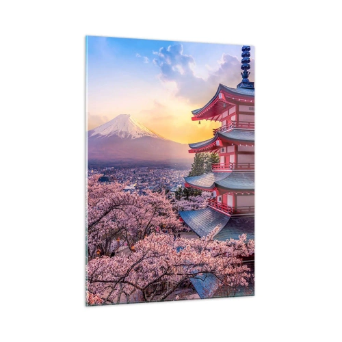 Quadro su vetro - Una pagoda in un paesaggio giapponese con vista sul Monte Fuji e sugli alberi in fiore - 50x70cm - L'essenza dell'anima giapponese - Decorazione murale moderna per soggiorno e camera da letto ARTTOR
