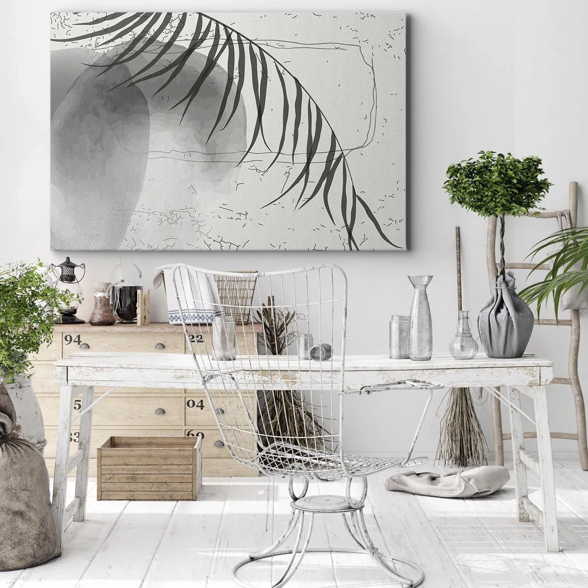 Quadro su tela - Stampe su Tela - Un delicato motivo a foglie di palma su uno sfondo chiaro in stile scandinavo. - 70x50cm - La delicata esoticità della natura - Decorazione murale moderna per soggiorno e camera da letto ARTTOR