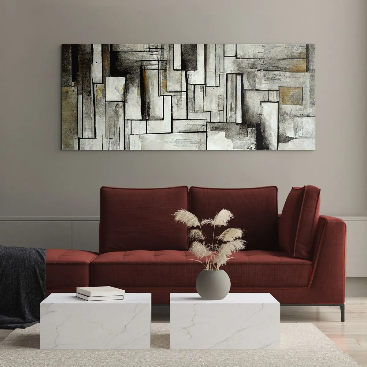 Quadro su vetro - Rettangoli astratti nelle tonalità del grigio e del nero - 140x50cm - La forza della semplicità - Decorazione murale moderna per soggiorno e camera da letto ARTTOR