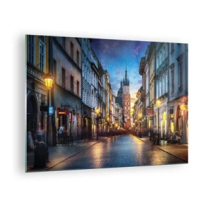 Quadro su vetro - Vista serale del centro storico con la chiesa sullo sfondo - 70x50cm - La magia di Cracovia - Decorazione murale moderna per soggiorno e camera da letto ARTTOR