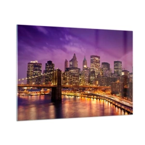 Quadro su vetro - Vista serale di New York con il ponte di Brooklyn - 100x70cm - Manhattan in viola e oro - Decorazione murale moderna per soggiorno e camera da letto ARTTOR