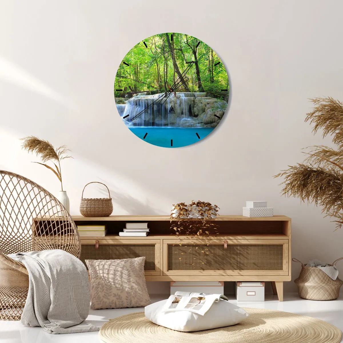 Orologio da parete - Orologio in Vetro - Una cascata circondata da una foresta verde e acqua turchese - 30x30cm - Annegare nel turchese e nel verde - Decorazione murale moderna per soggiorno, cucina e camera da letto ARTTOR