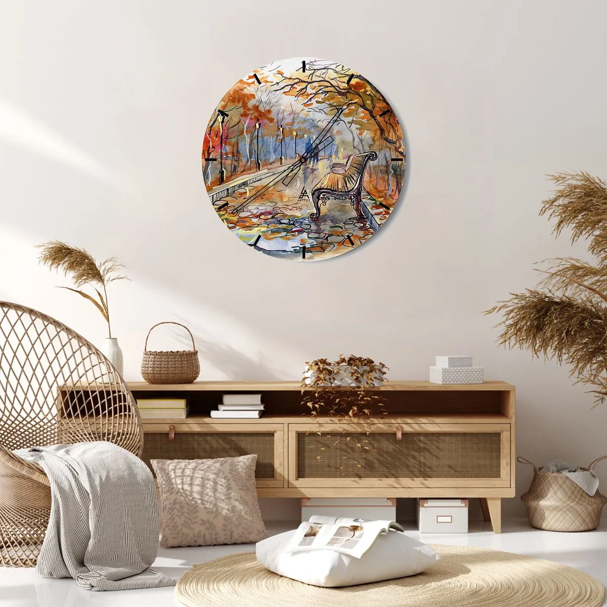 Orologio da parete - Orologio in Vetro - Parco autunnale con una panchina in stile acquerello - 30x30cm - Passeggiando insieme l'autunno - Decorazione murale moderna per soggiorno, cucina e camera da letto ARTTOR