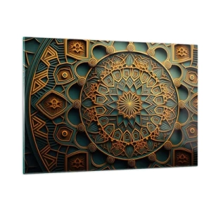 Quadro su vetro - Ornamento in oro e turchese nello stile di un mosaico arabo - 120x80cm - Atmosfera araba - Decorazione murale moderna per soggiorno e camera da letto ARTTOR