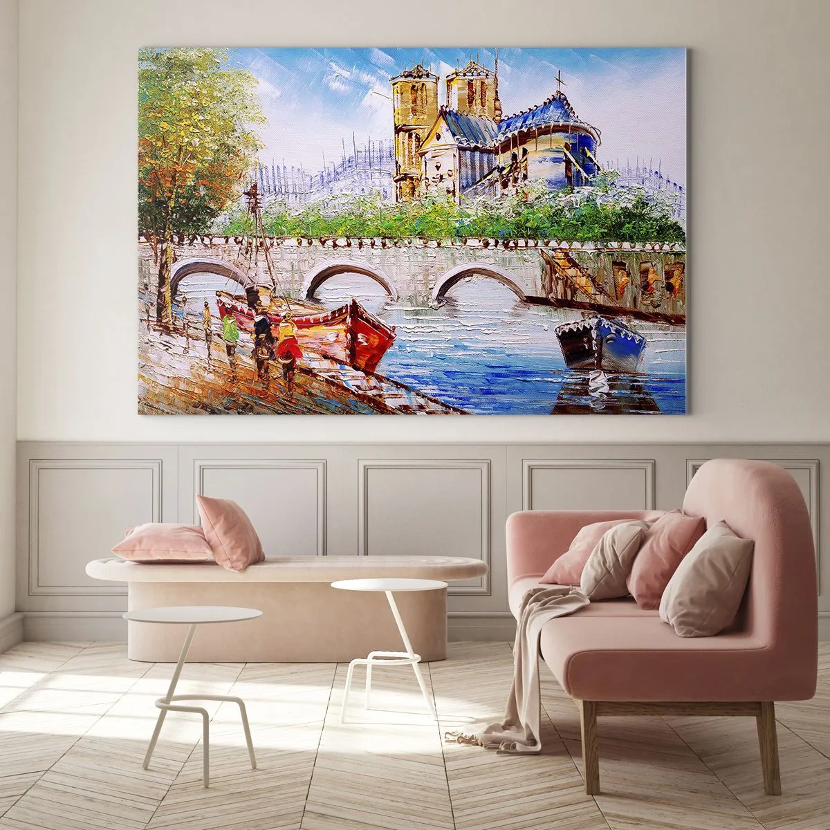 Quadro su vetro - Ponte e barche sullo sfondo della storica cattedrale - 70x50cm - Il loro tempo non passa mai - Decorazione murale moderna per soggiorno e camera da letto ARTTOR