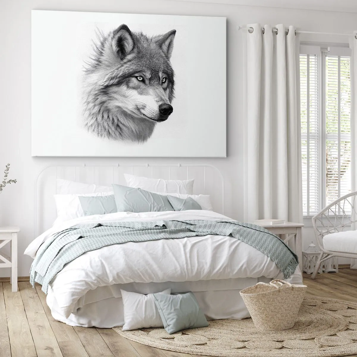 Quadro su tela - Stampe su Tela - Un ritratto realistico di un lupo in tonalità di grigio. - 70x50cm - Alfa, senza dubbio - Decorazione murale moderna per soggiorno e camera da letto ARTTOR