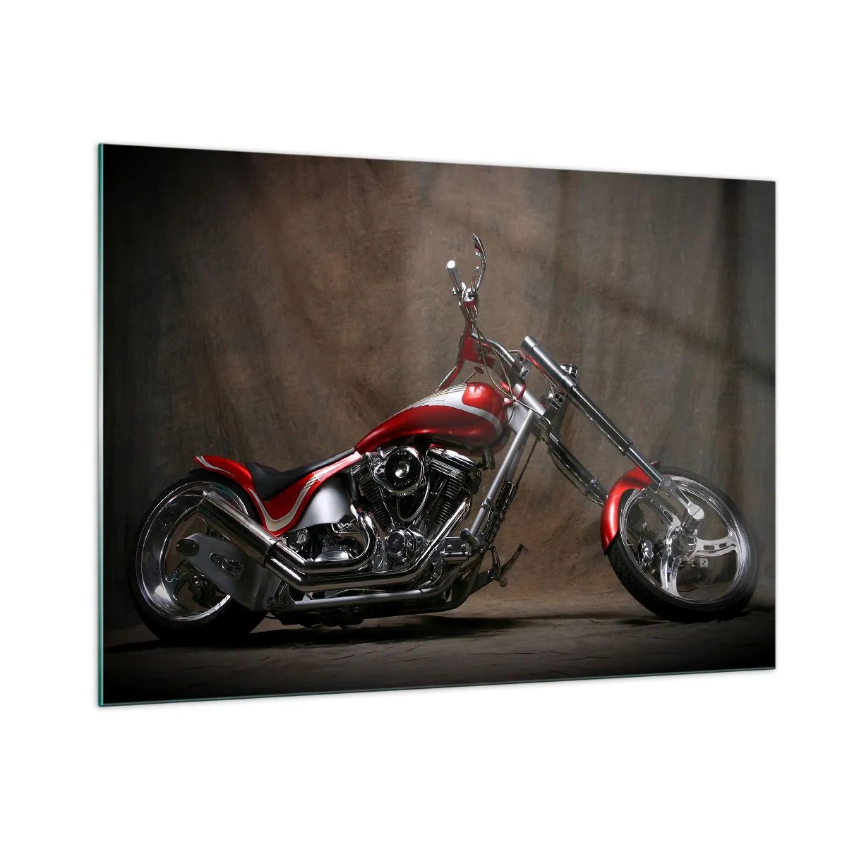 Quadro su vetro - Motocicletta personalizzata rossa su sfondo scuro - 100x70cm - Bellezza in rosso e argento - Decorazione murale moderna per soggiorno e camera da letto ARTTOR