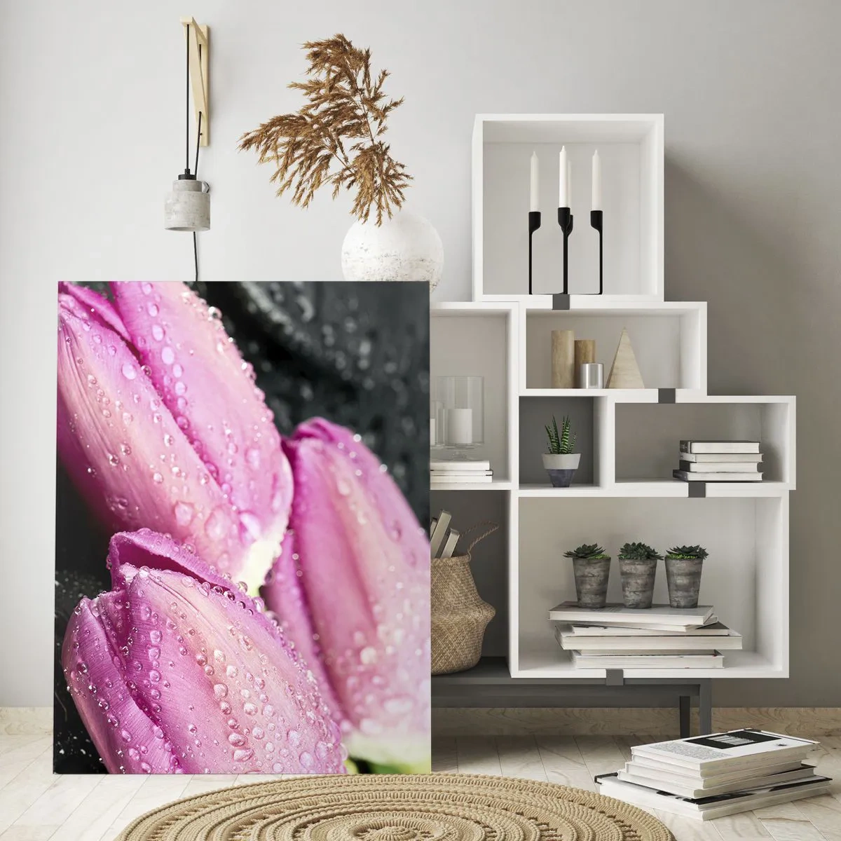Quadro su vetro - Tre tulipani rosa con gocce d'acqua su sfondo nero - 80x120cm - Una terna lilla su pietra nera - Decorazione murale moderna per soggiorno e camera da letto ARTTOR
