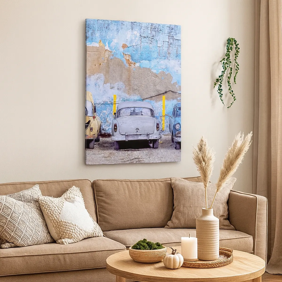 Quadro su tela - Stampe su Tela - Vecchie auto sullo sfondo di un muro distrutto - 50x70cm - L'incontro dei veterani - Decorazione murale moderna per soggiorno e camera da letto ARTTOR