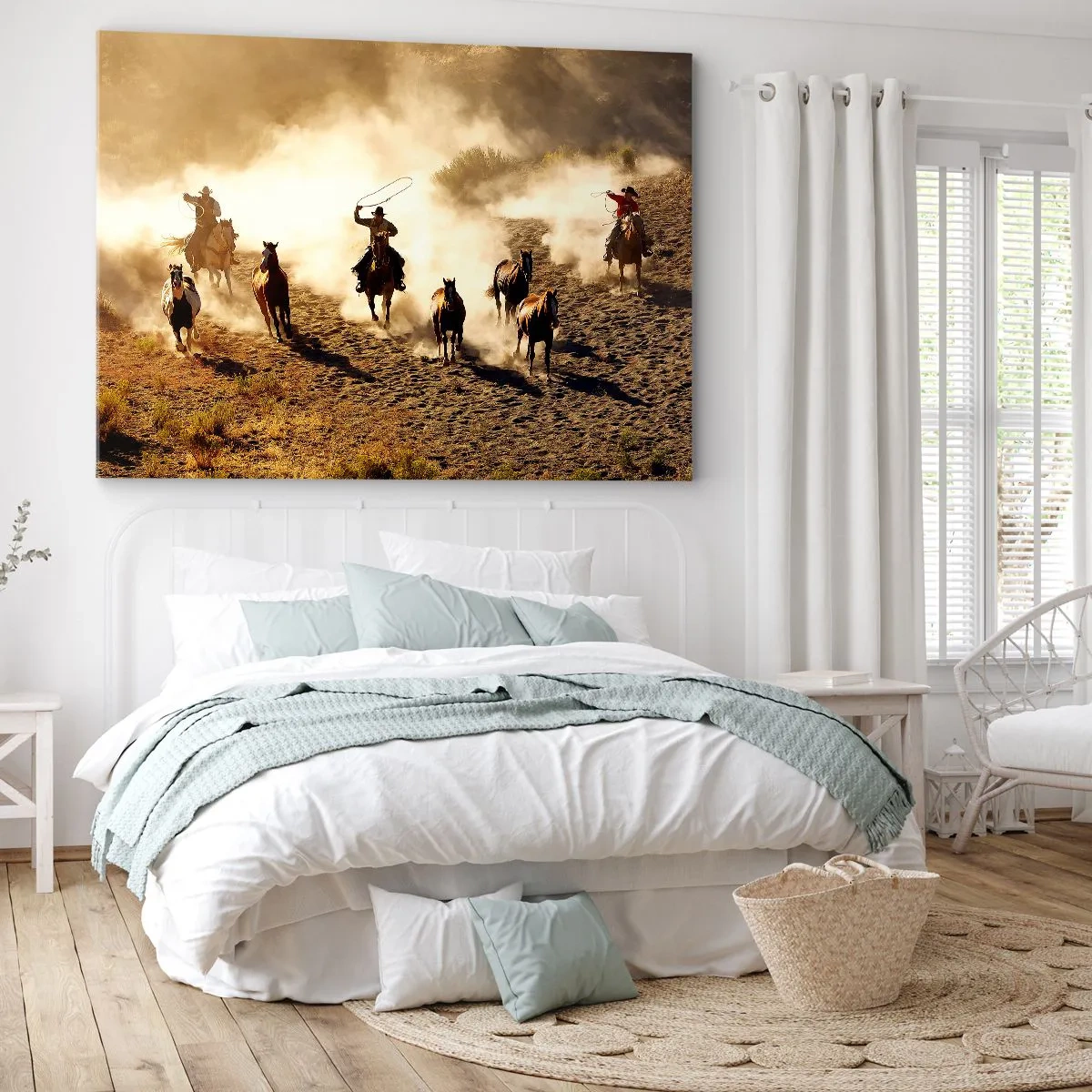 Quadro su tela - Stampe su Tela - Cowboy a cavallo in azione nel terreno desertico - 120x80cm - Il vero Far West - Decorazione murale moderna per soggiorno e camera da letto ARTTOR