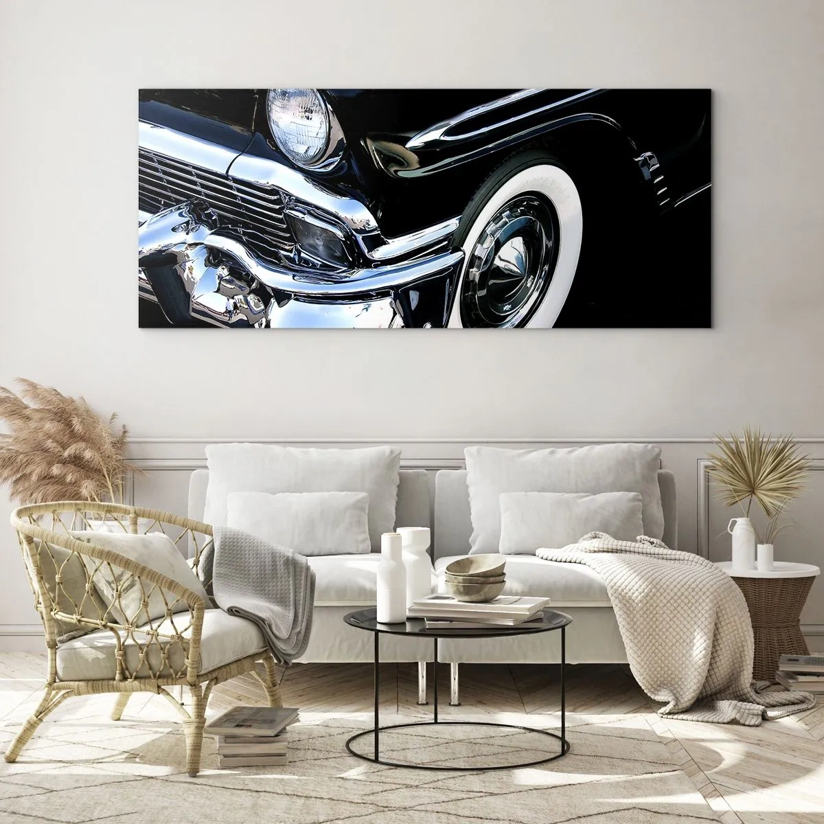 Quadro su vetro - Classicità in argento, nero e bianco - 100x40 cm