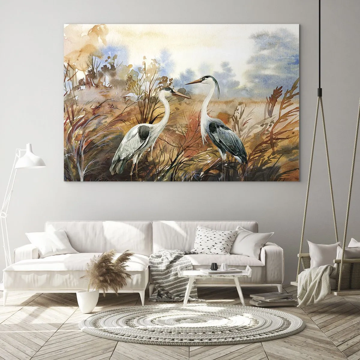 Quadro su vetro - Due gru in un paesaggio autunnale dipinto ad acquerello - 100x70cm - Dove in autunno? - Decorazione murale moderna per soggiorno e camera da letto ARTTOR