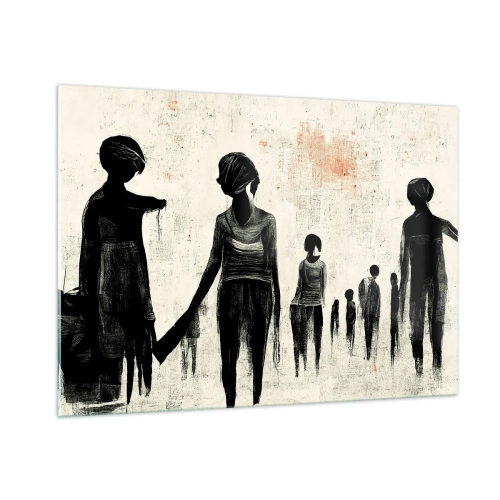 Quadro su vetro - Figure nere in movimento su uno sfondo chiaro con una trama rossa - 100x70cm - Contro la solitudine - Decorazione murale moderna per soggiorno e camera da letto ARTTOR