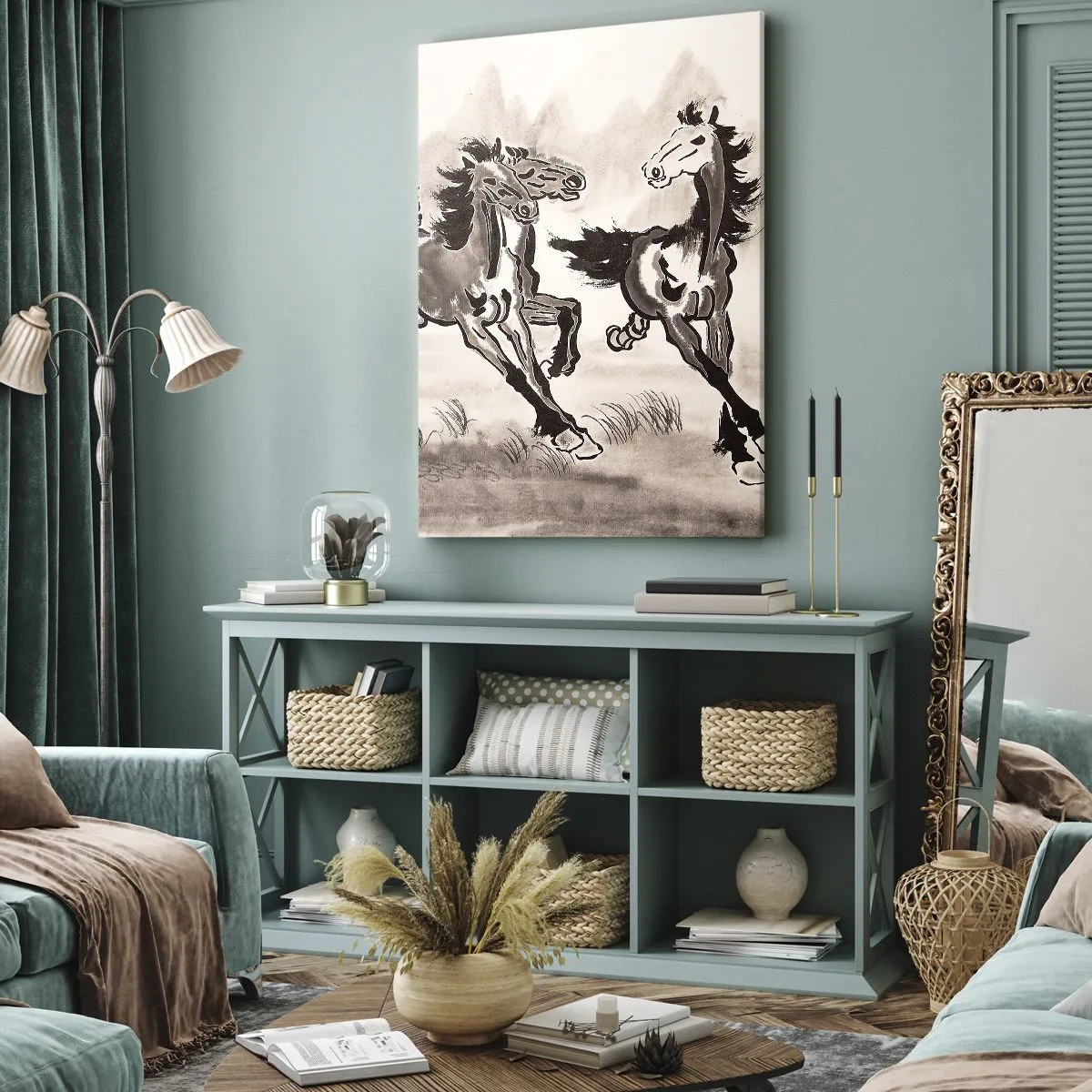 Quadro su tela - Stampe su Tela - Grafica dinamica di cavalli al galoppo in stile orientale - 50x70cm - Al galoppo con gioia - Decorazione murale moderna per soggiorno e camera da letto ARTTOR