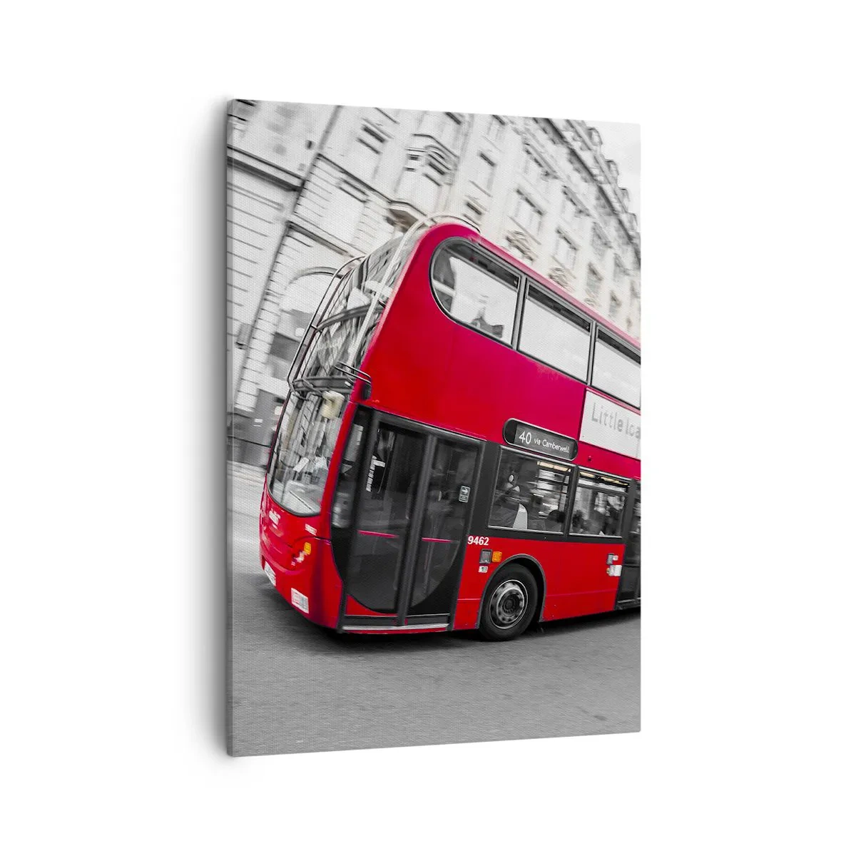 Quadro su tela - Stampe su Tela - Un autobus rosso di Londra contro una strada bianca e nera - 50x70cm - Londra tradizionalmente: by bus - Decorazione murale moderna per soggiorno e camera da letto ARTTOR