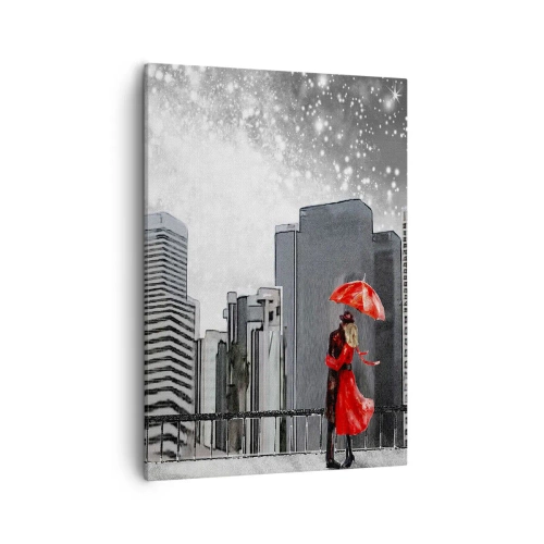 Quadro su tela - Stampe su Tela - Una coppia vestita di rosso con un ombrello sullo sfondo di un paesaggio urbano - 50x70cm - L'uomo non è di pietra - Decorazione murale moderna per soggiorno e camera da letto ARTTOR