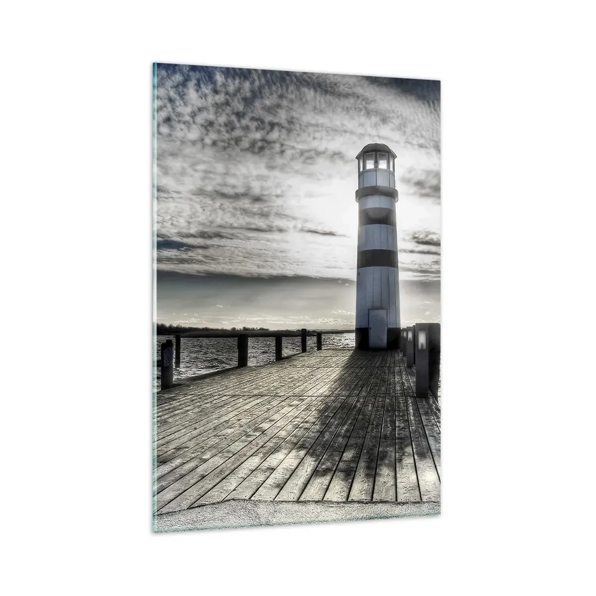 Quadro su vetro - Faro su un molo di legno con vista sul mare. - 80x120cm - Marinai, vi aspettiamo - Decorazione murale moderna per soggiorno e camera da letto ARTTOR