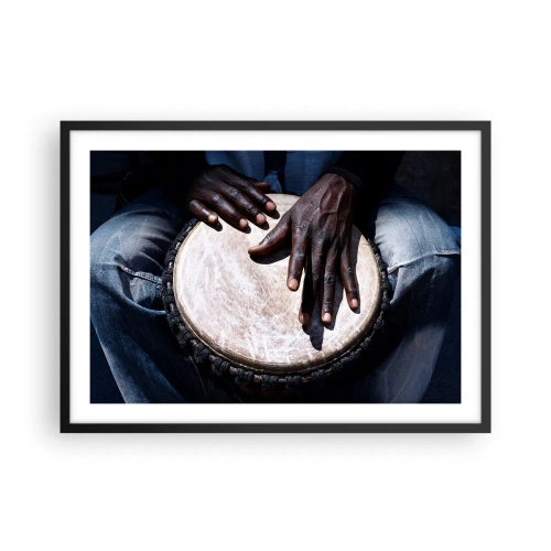 Poster in cornice nera - Mani che suonano un tamburo djembe in una composizione dinamica - 70x50cm - Vivi al tuo ritmo - Decorazione murale moderna per soggiorno e camera da letto ARTTOR