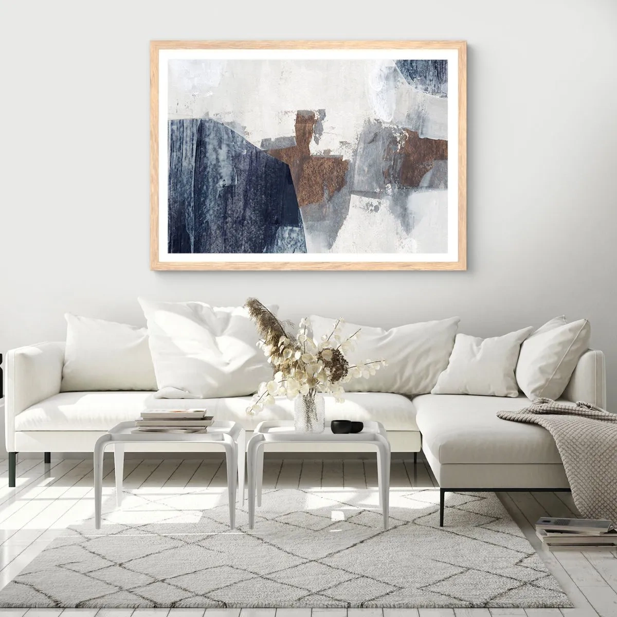 Poster in cornice rovere chiaro - Forme blu e marroni - 70x50 cm