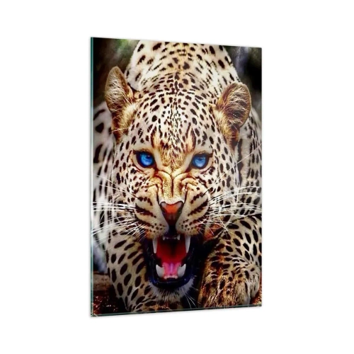 Quadro su vetro - Un leopardo minaccioso con intensi occhi blu - 80x120cm - La rabbia non rovina la bellezza - Decorazione murale moderna per soggiorno e camera da letto ARTTOR