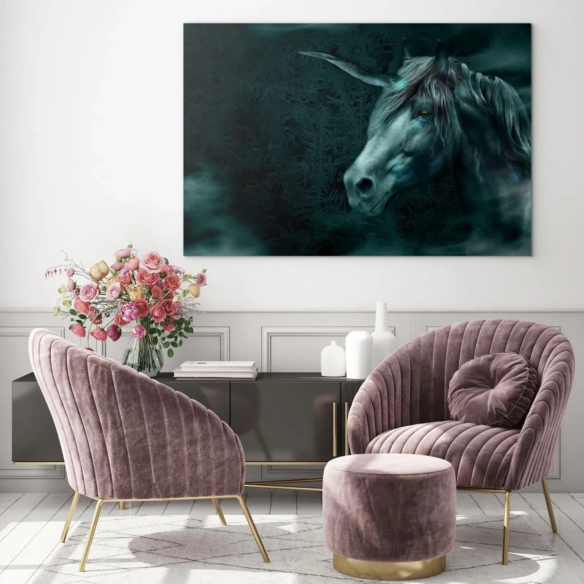 Quadro su vetro - Unicorno nella foresta misteriosa - 70x50cm - Nel bosco incantato - Decorazione murale moderna per soggiorno e camera da letto ARTTOR