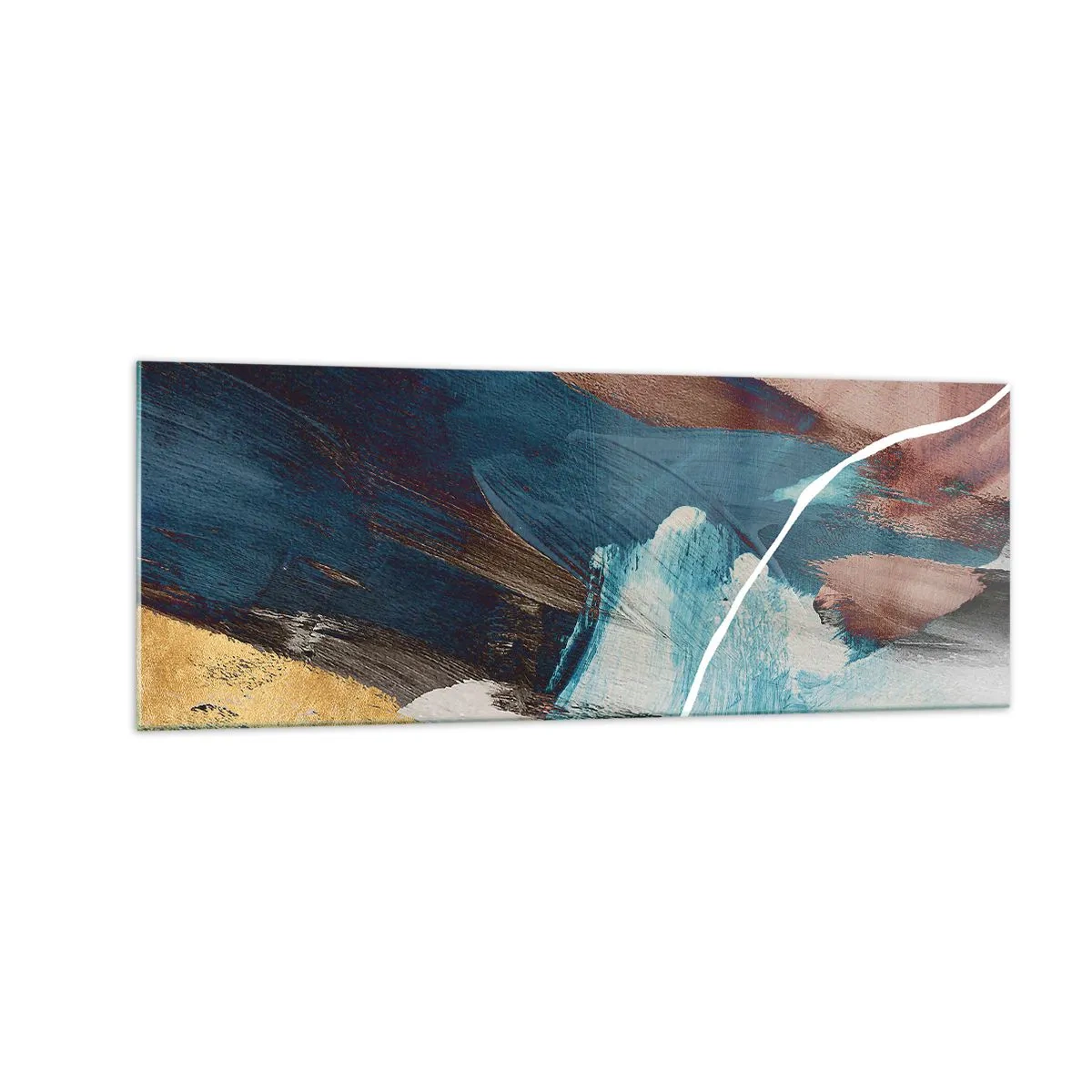 Quadro su vetro - Pennellate astratte nei toni del blu e dell'oro - 140x50cm - Con forza ed energia - Decorazione murale moderna per soggiorno e camera da letto ARTTOR