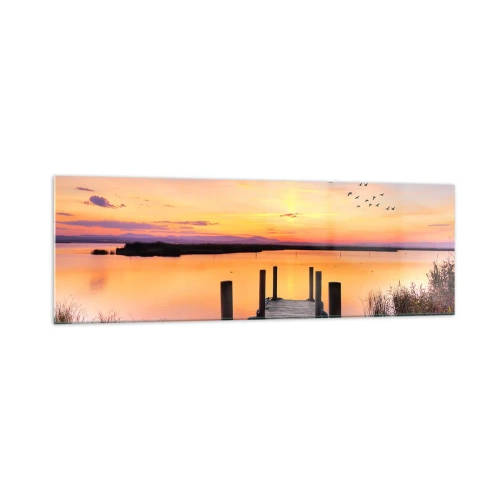 Quadro su vetro - Un molo su un lago al tramonto con uccelli nel cielo - 160x50cm - Alba viola e silenziosa - Decorazione murale moderna per soggiorno e camera da letto ARTTOR