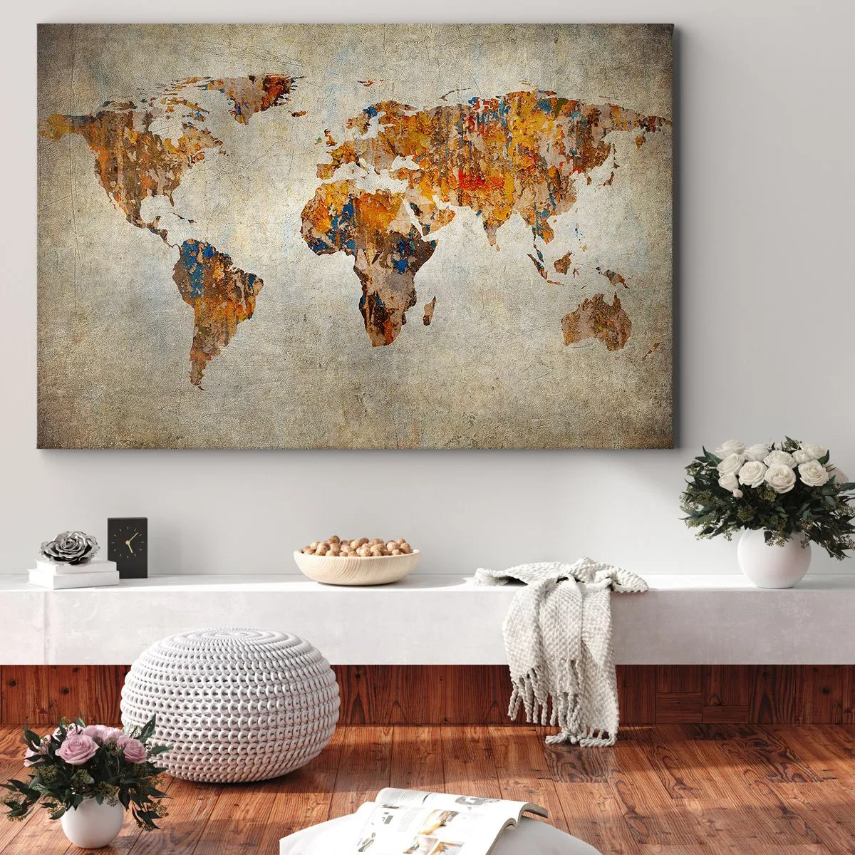 Quadro su tela - Stampe su Tela - Mappa del mondo vintage con accenti colorati - 70x50cm - Veramente un grande mondo - Decorazione murale moderna per soggiorno e camera da letto ARTTOR