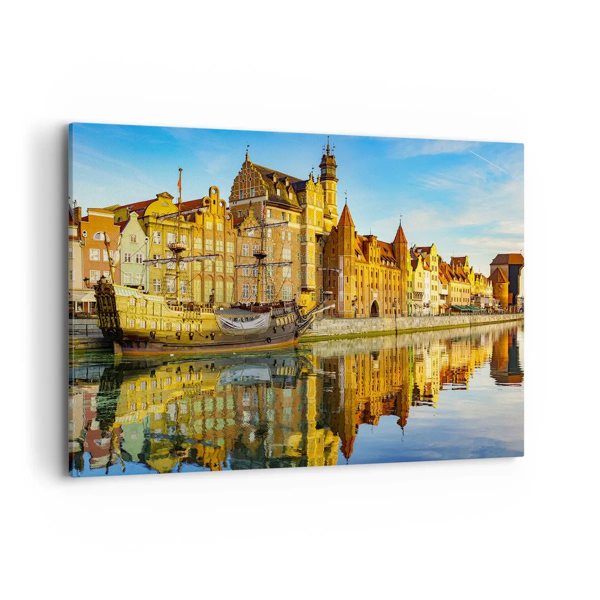 Quadro su tela - Stampe su Tela - Una vista pittoresca della città vecchia con una nave a vela e l'acqua - 100x70cm - Il riflesso del passato - Decorazione murale moderna per soggiorno e camera da letto ARTTOR