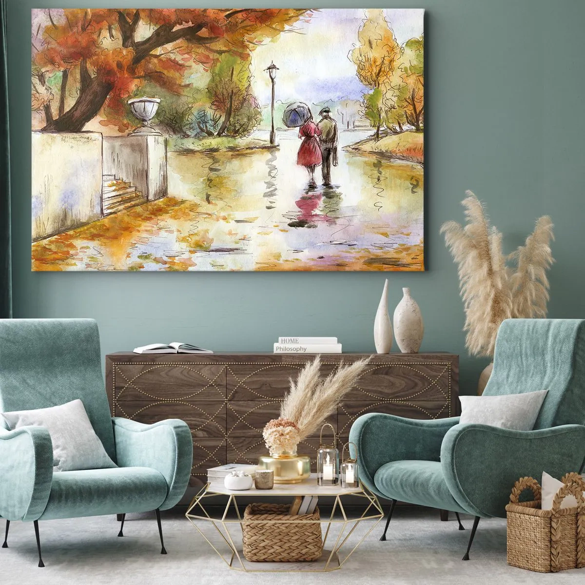 Quadro su tela - Stampe su Tela - Una passeggiata nel parco autunnale con l'ombrello - 120x80cm - Autunno romantico nel parco - Decorazione murale moderna per soggiorno e camera da letto ARTTOR