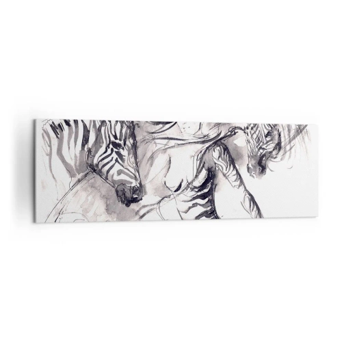 Quadro su tela - Stampe su Tela - Una donna in una danza dinamica con zebre in un'estetica in bianco e nero - 160x50cm - Ballando con le zebre - Decorazione murale moderna per soggiorno e camera da letto ARTTOR