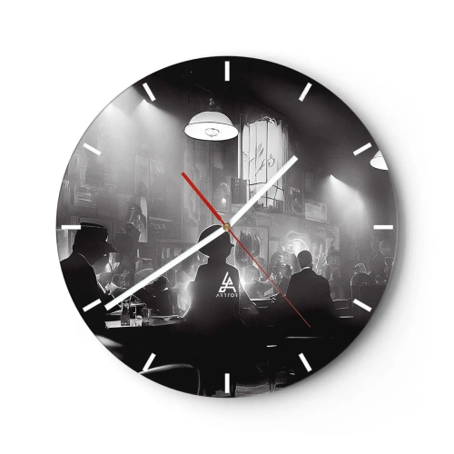 Orologio da parete - Orologio in Vetro - Scena in bianco e nero di un jazz club con sagome di ospiti - 30x30cm - Nell'atmosfera jazz - Decorazione murale moderna per soggiorno, cucina e camera da letto ARTTOR