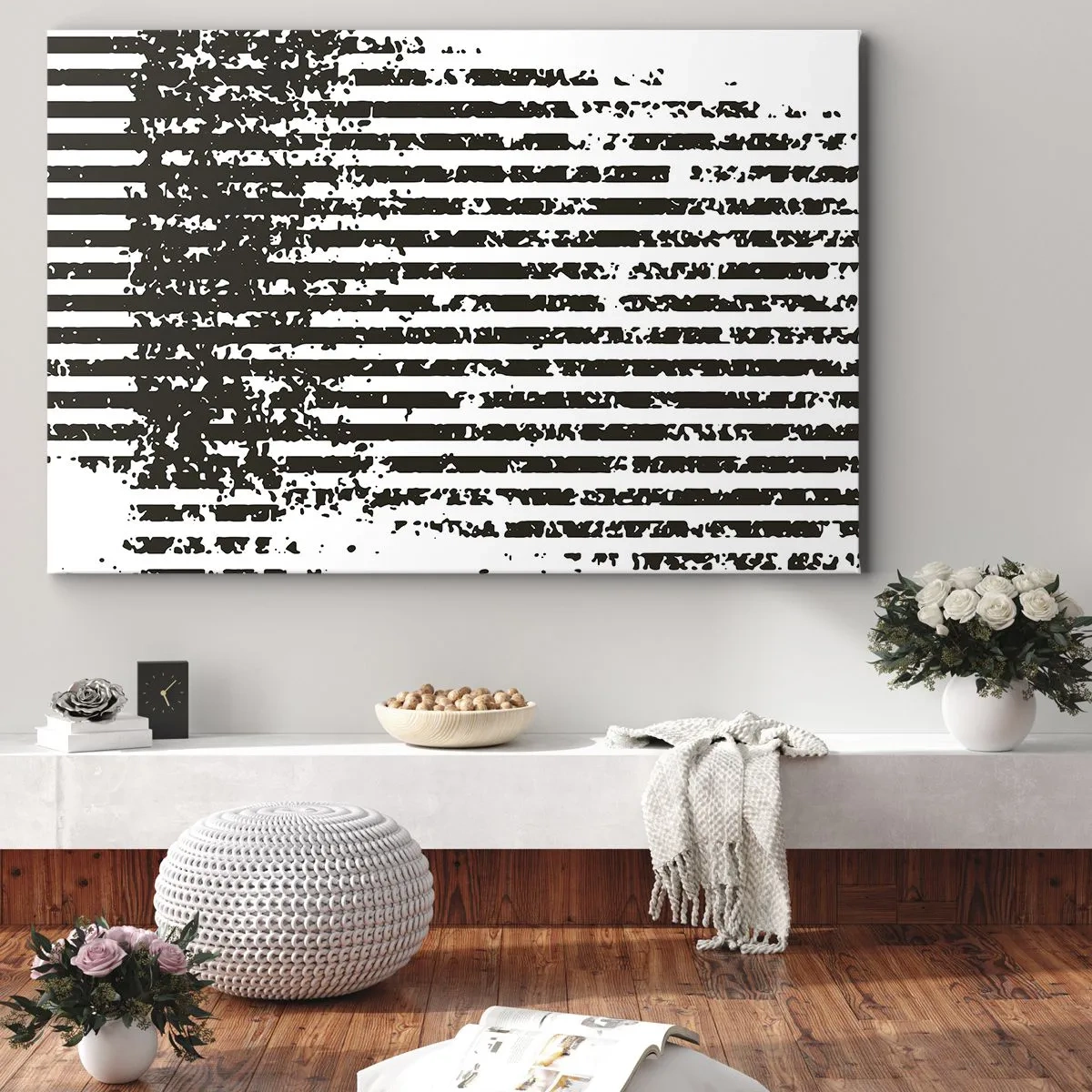 Quadro su tela - Stampe su Tela - Linee astratte con effetto invecchiato in bianco e nero - 70x50cm - Ritmo e rumore - Decorazione murale moderna per soggiorno e camera da letto ARTTOR