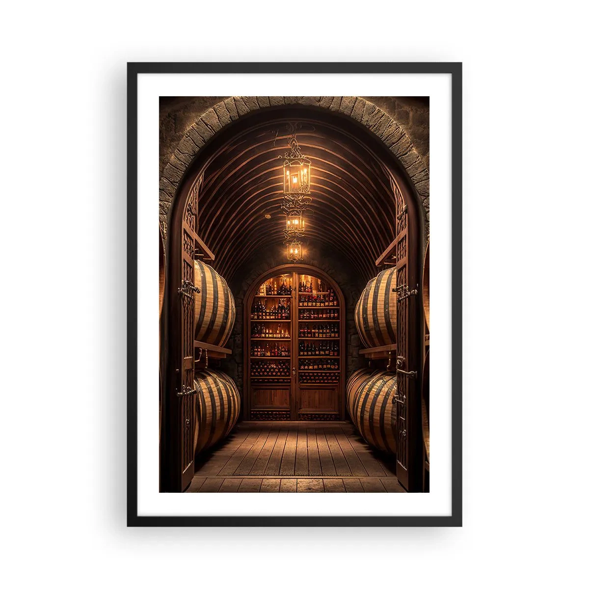 Poster in cornice nera - Elegante cantina con botti di legno - 50x70cm - L'atmosfera della cantina - Decorazione murale moderna per soggiorno e camera da letto ARTTOR