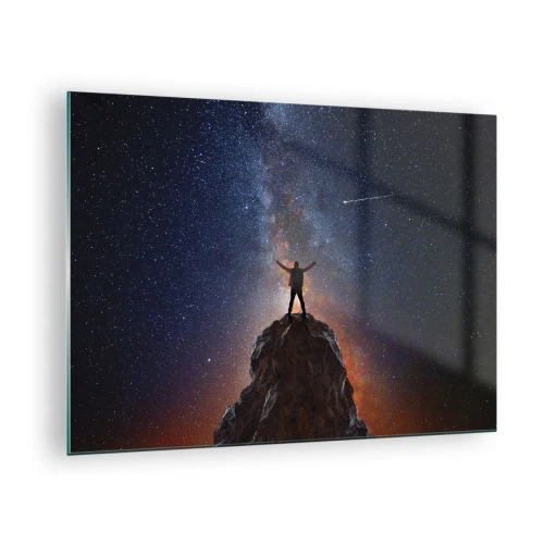 Quadro su vetro - Silhouette di un uomo in cima a una roccia sotto un cielo stellato - 70x50cm - La forza è con me! - Decorazione murale moderna per soggiorno e camera da letto ARTTOR