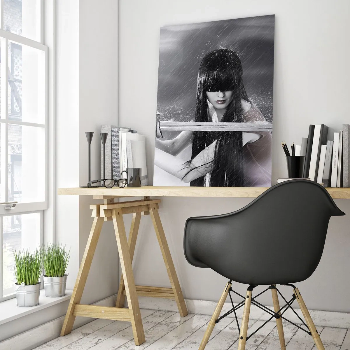 Quadro su vetro - Una donna con una spada sotto la pioggia dall'aspetto dinamico e misterioso - 70x100cm - Bella e pericolosa - Decorazione murale moderna per soggiorno e camera da letto ARTTOR