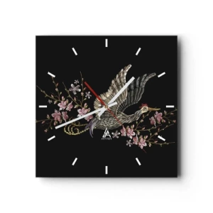 Orologio da parete - Orologio in Vetro - Un uccello in volo con fiori su sfondo nero - 30x30cm - Uccello esotico ricamato - Decorazione murale moderna per soggiorno e camera da letto ARTTOR