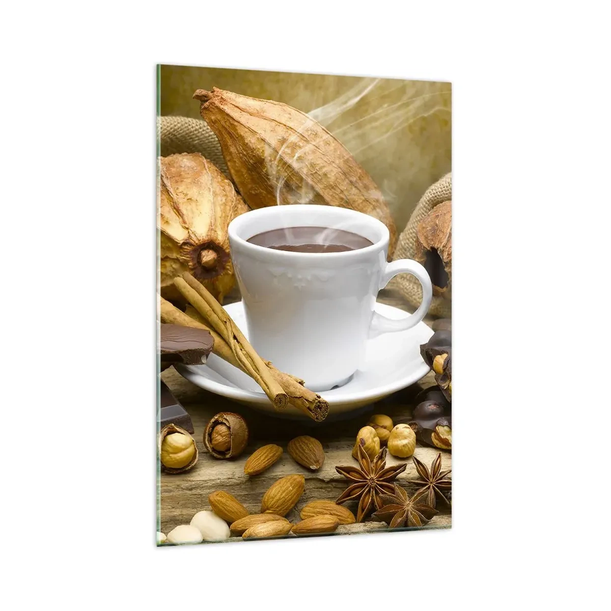 Quadro su vetro - Una tazza di cioccolata calda circondata da cacao e cannella - 80x120cm - Per i cercatori di emozioni - Decorazione murale moderna per soggiorno e camera da letto ARTTOR