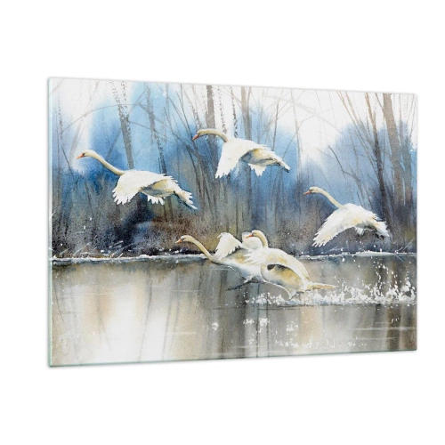 Quadro su vetro - Cigni selvatici che volano sopra un tranquillo lago nella foresta - 120x80cm - Come la favola dei cigni selvatici - Decorazione murale moderna per soggiorno e camera da letto ARTTOR