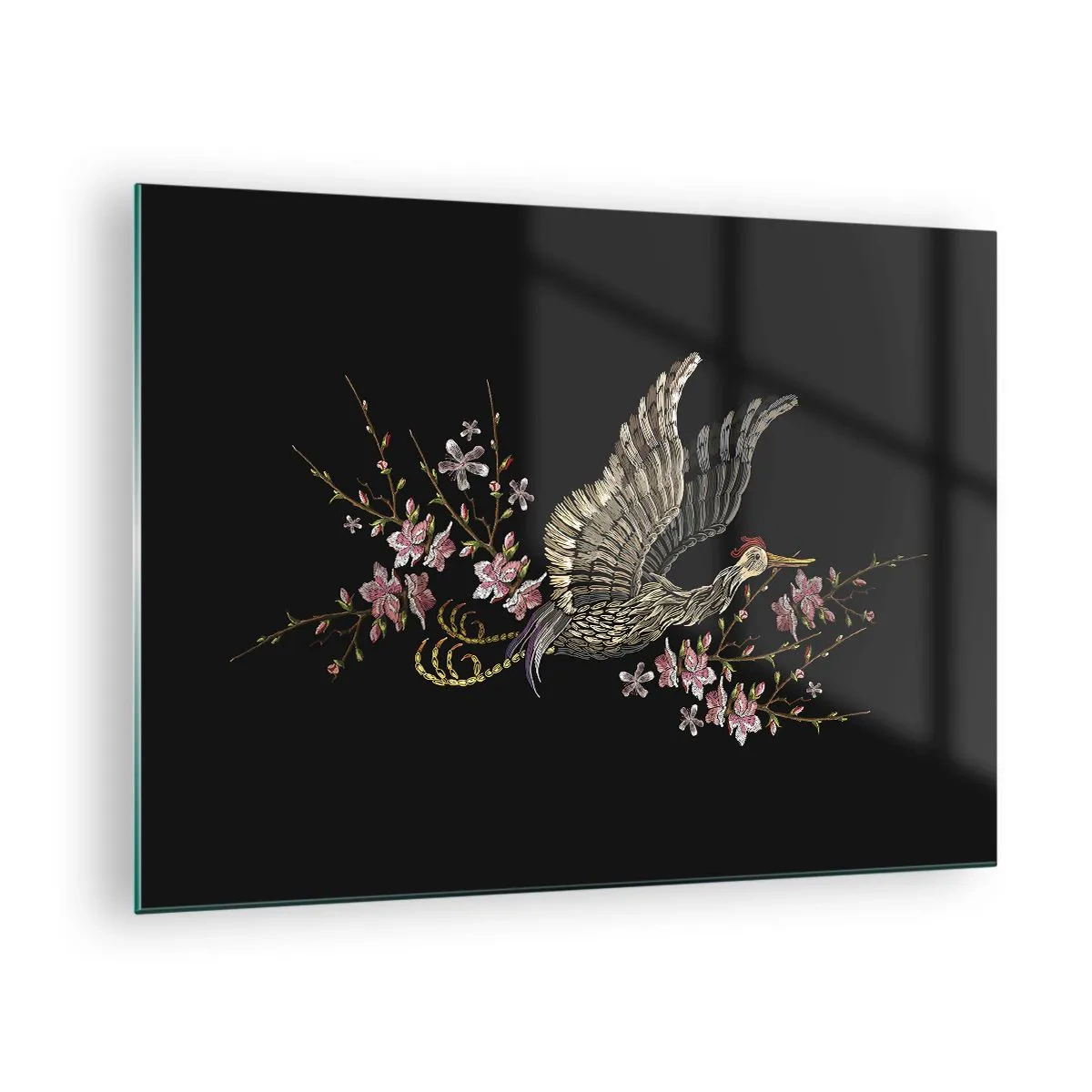 Quadro su vetro - Uccello ricamato in volo con fiori sullo sfondo su sfondo scuro - 70x50cm - Uccello esotico ricamato - Decorazione murale moderna per soggiorno e camera da letto ARTTOR