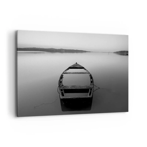 Quadro su tela - Stampe su Tela - Una barca solitaria su un lago calmo nei toni del bianco e del nero - 100x70cm - Nostalgia e malinconia - Decorazione murale moderna per soggiorno e camera da letto ARTTOR
