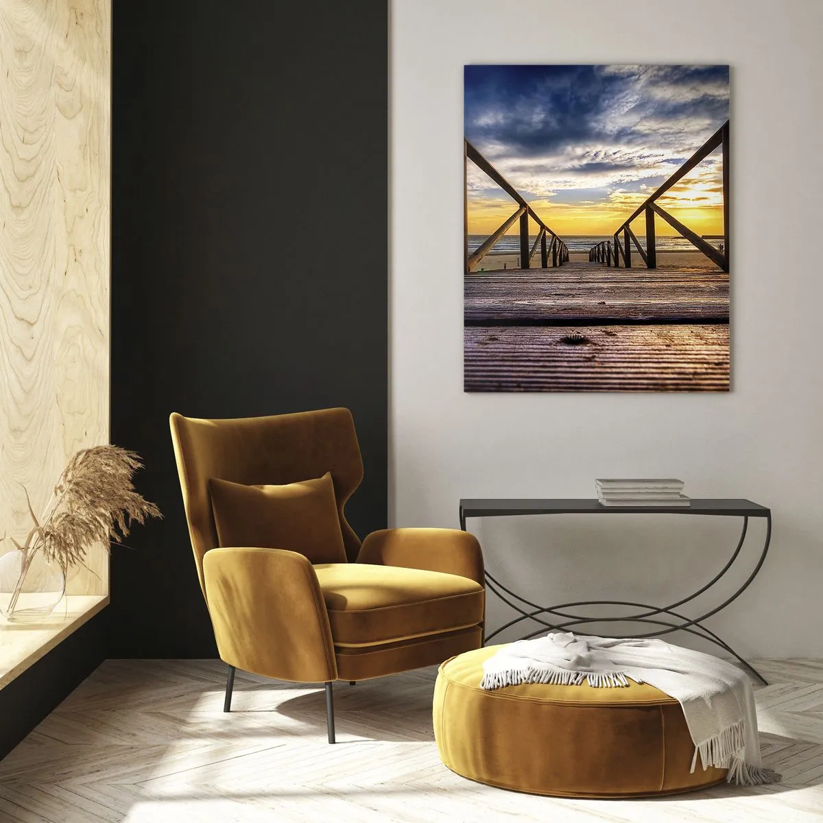 Quadro su vetro - Molo di legno che conduce alla spiaggia al tramonto - 80x120cm - Verso la spiaggia silenziosa al tramonto - Decorazione murale moderna per soggiorno e camera da letto ARTTOR