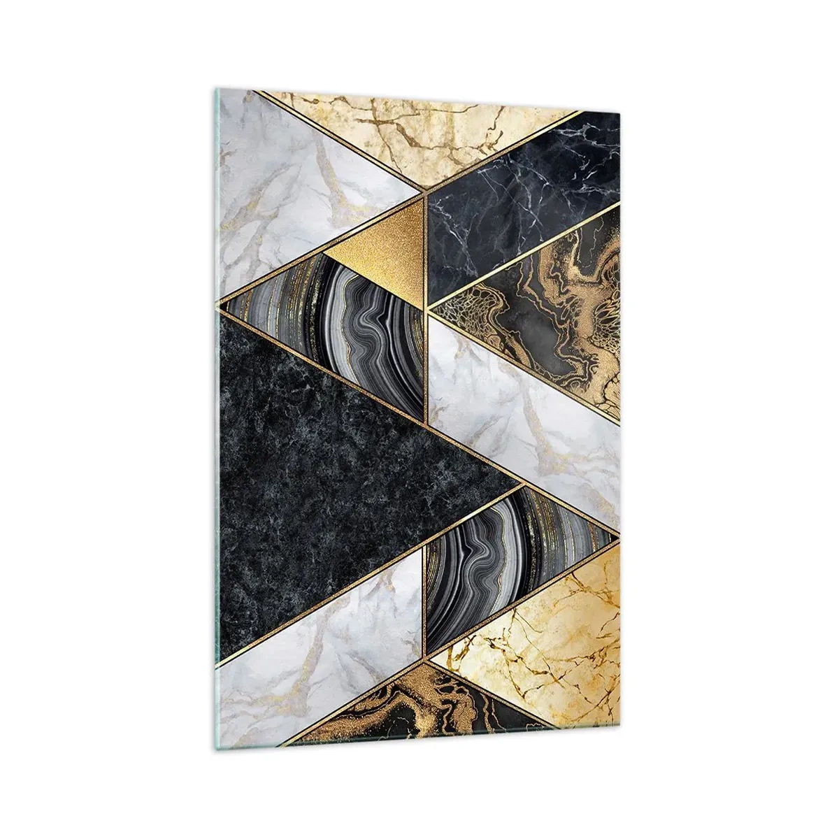 Quadro su vetro - Triangoli geometrici in oro, marmo e tonalità scure - 70x100cm - Pietra su pietra - Decorazione murale moderna per soggiorno e camera da letto ARTTOR
