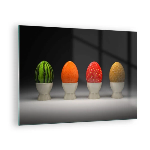 Quadro su vetro - Uova in gusci di frutta su un supporto - 70x50cm - Colazione alla frutta - Decorazione murale moderna per soggiorno e camera da letto ARTTOR
