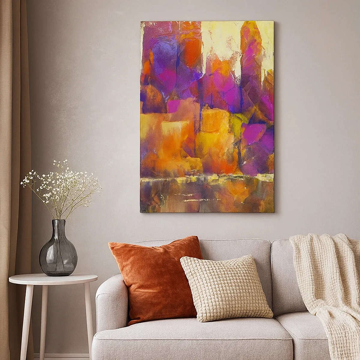 Quadro su tela - Stampe su Tela - Composizione astratta di una metropoli nei toni del giallo e del viola - 50x70cm - Composizione metropolitana - Decorazione murale moderna per soggiorno e camera da letto ARTTOR