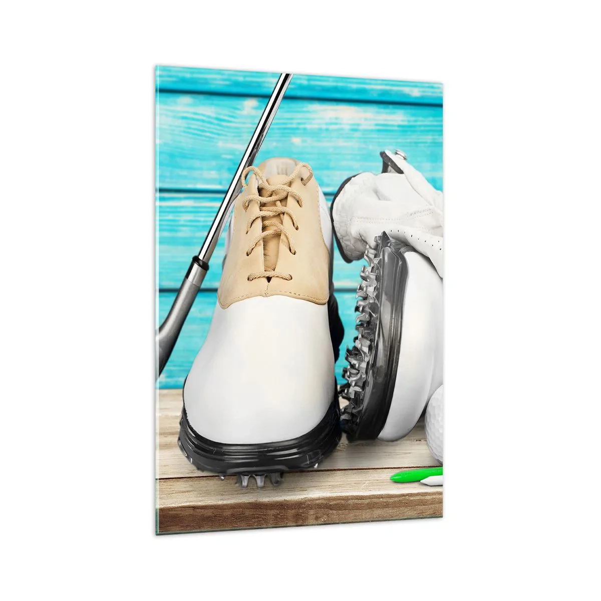 Quadro su vetro - Un set di accessori da golf su uno sfondo di legno - 70x100cm - Tutto è pronto - Decorazione murale moderna per soggiorno e camera da letto ARTTOR