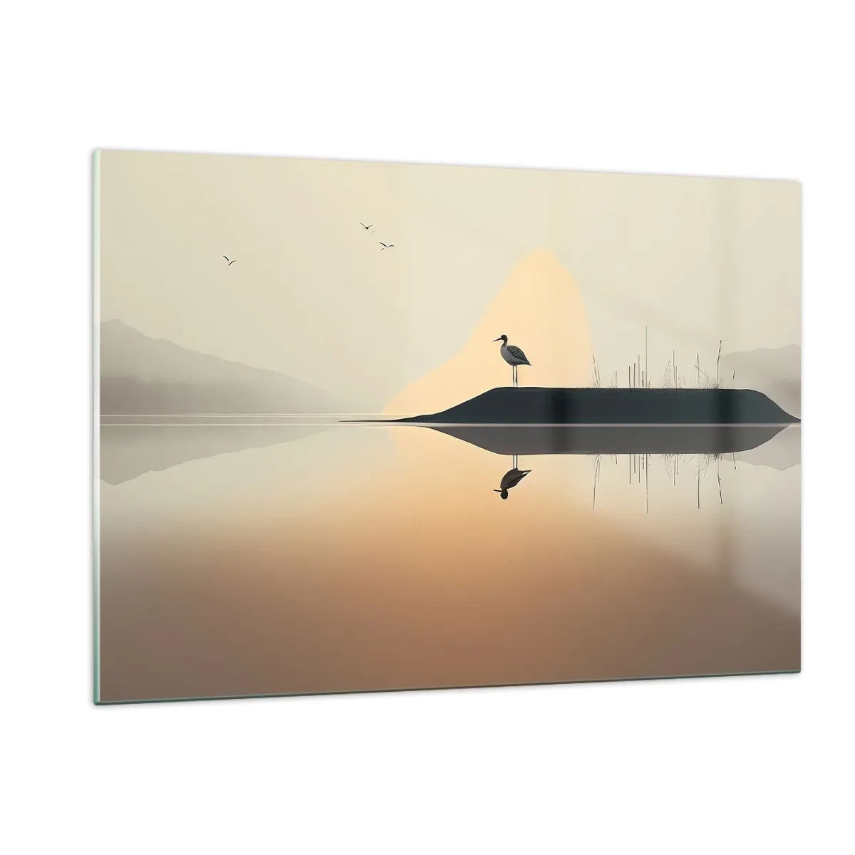 Quadro su vetro - Un airone in piedi su un'isola nelle acque calme di un lago - 120x80cm - Il signore del lago - Decorazione murale moderna per soggiorno e camera da letto ARTTOR