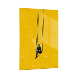 Quadro su vetro - Una figura su un'altalena appesa su uno sfondo giallo - 50x70cm - Un giorno come tanti - Decorazione murale moderna per soggiorno e camera da letto ARTTOR