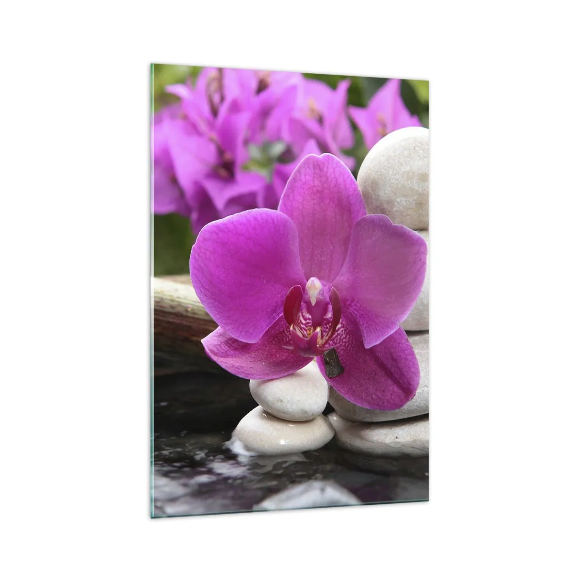 Quadro su vetro - Orchidea viola, pietre e bambù con acqua in un ambiente rilassante - 70x100cm - E già ti riposi - Decorazione murale moderna per soggiorno e camera da letto ARTTOR
