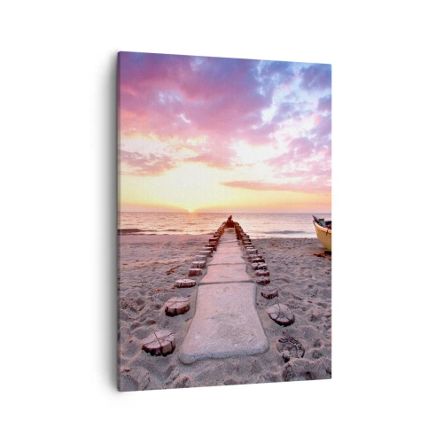 Quadro su tela - Stampe su Tela - Spiaggia all'alba con barca e molo - 50x70cm - Un momento profondo - Decorazione murale moderna per soggiorno e camera da letto ARTTOR